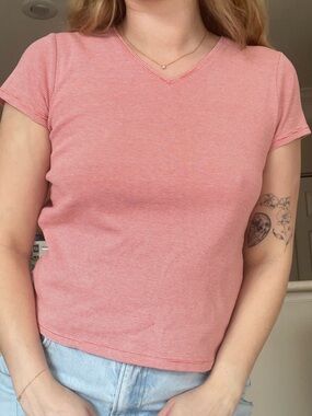 Ann Taylor Women's Red Pink Stripe V-Neck Cotton Tee